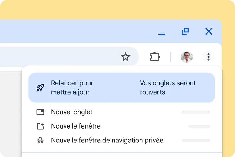 Interface de Chrome indiquant qu'une mise à jour est disponible