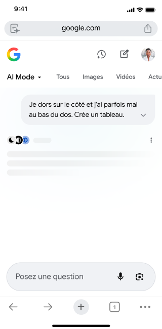 Sur l'écran d'accueil de l'application mobile Chrome, un utilisateur ouvre le mode IA. Il appuie sur 